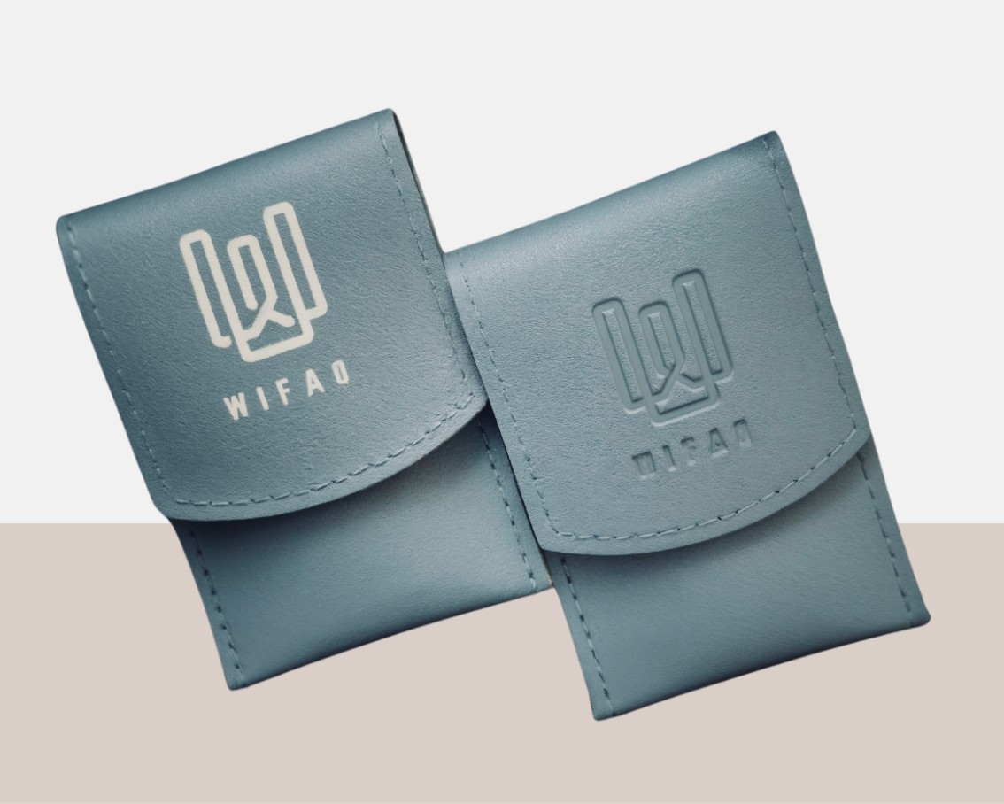 Two WIFAQ pouches showing printed and embossed logos